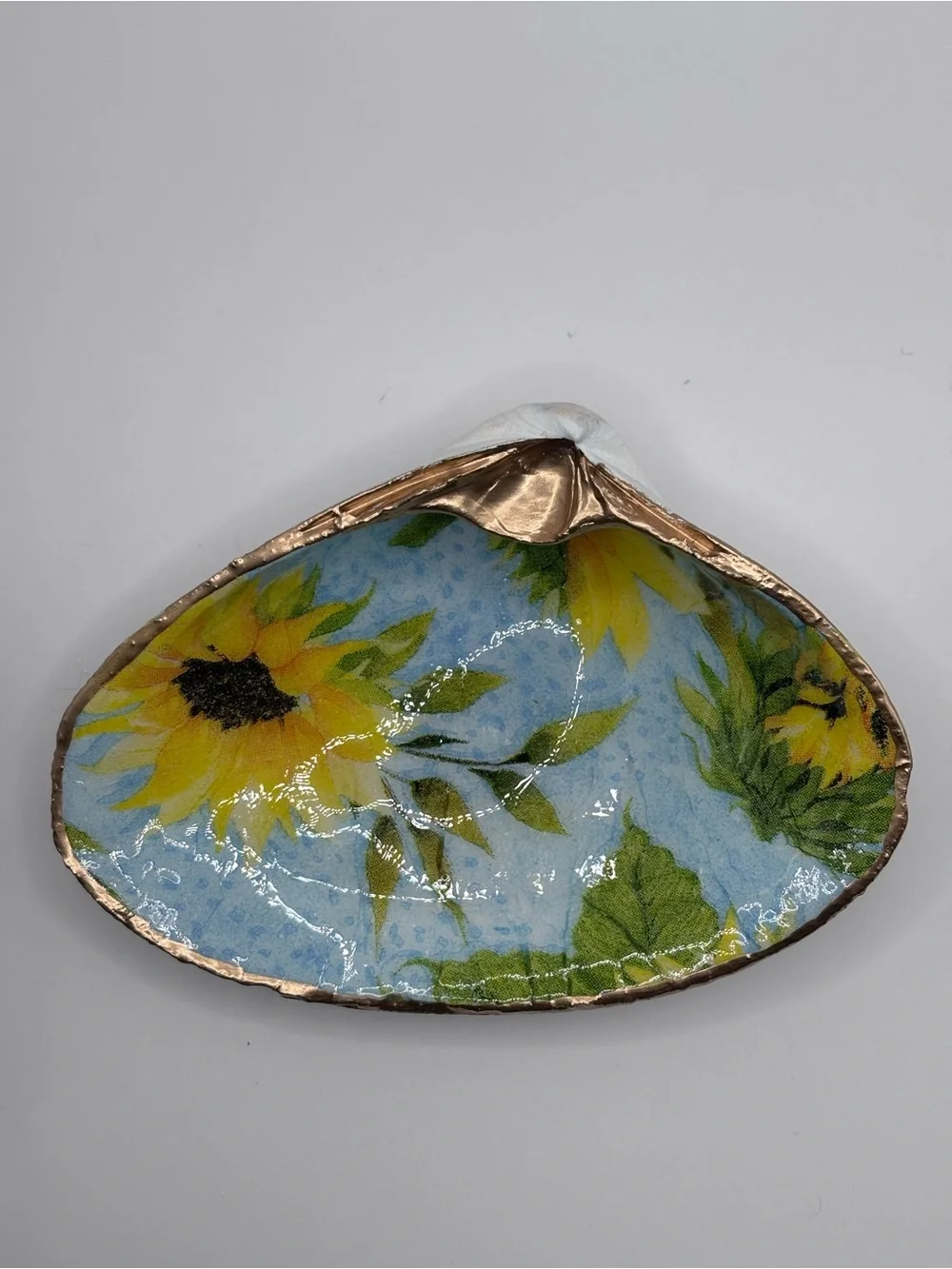Hand-Painted Sunflower Shell Décor Bowl - Blue and Yellow